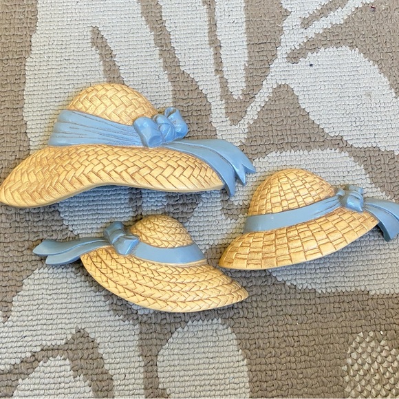 BURWOOD Vintage Straw Hats with Ribbons Wall Hanging 1980's MADE IN USA Set of 3 - Picture 2 of 10